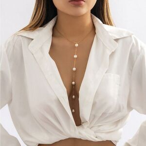 Pearl Y Shaped Necklace Long Pendant Dainty Pearl Drop Silvery or Golden Chain